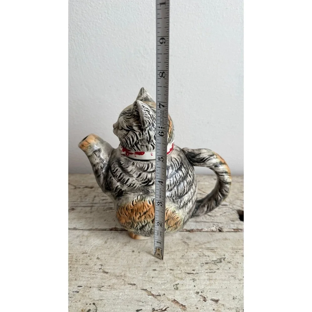 Vintage Japanese Hand Painted Ceramic Cat Teapot Grey Tabby Red Collar